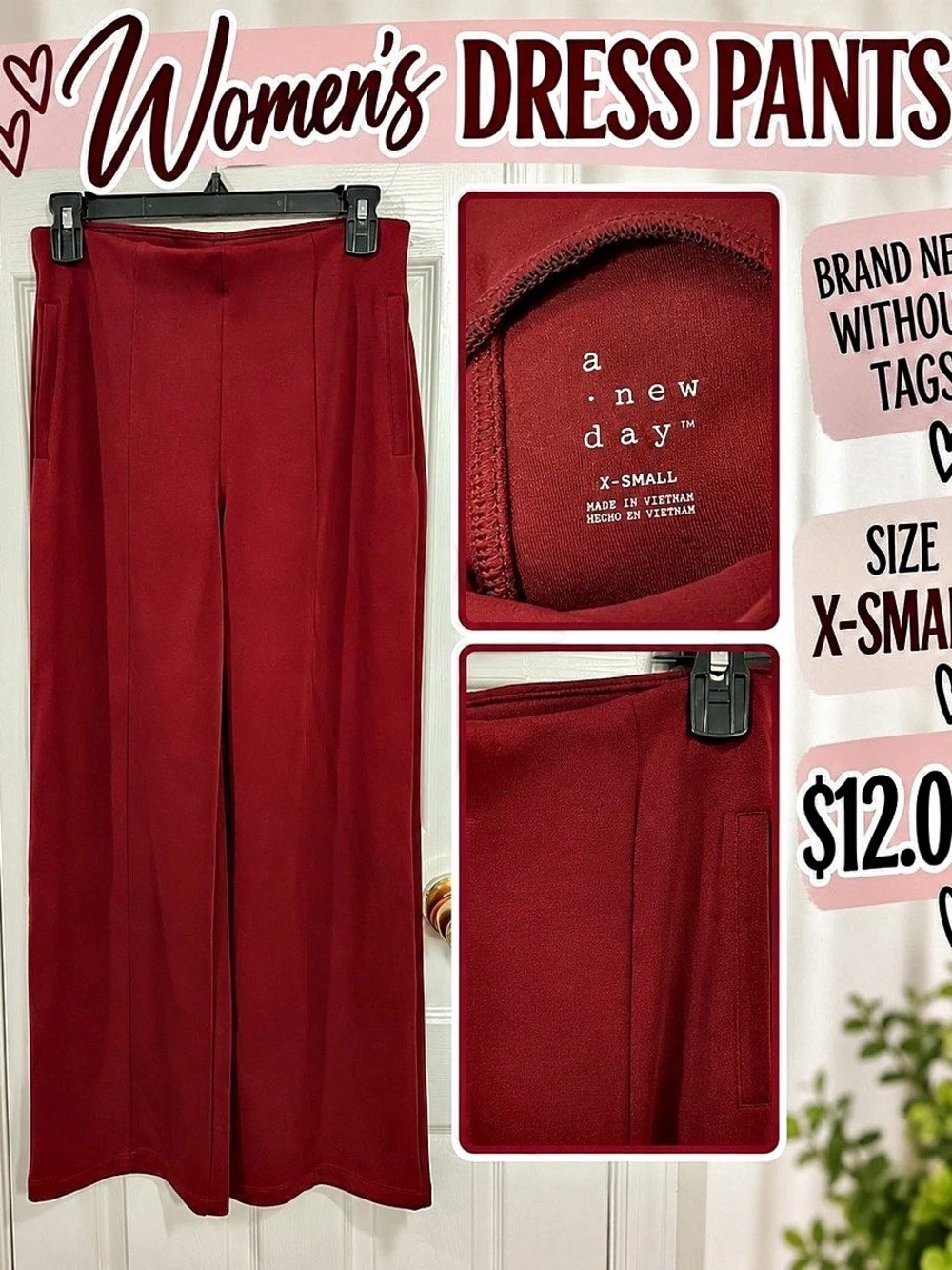 a new day Women's Modern Wide Leg Pull-On Pants Red XS